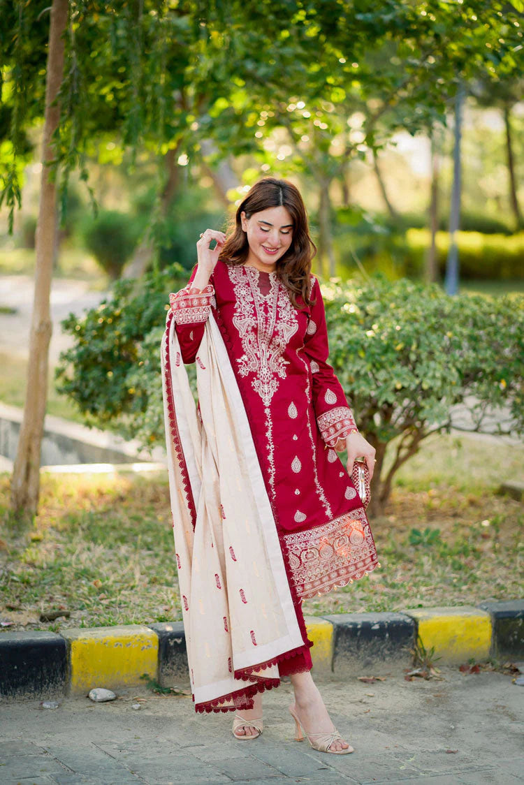 RARE- 3PC DHANAK EMBROIDERED SHIRT WITH COUTURE PRINT SHAWL AND TROUSER- 3153