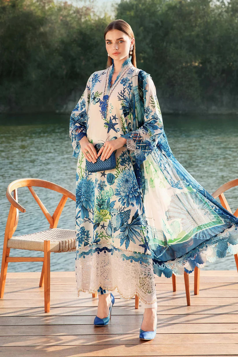 RARE-3PC LAWN EMBROIDERED PRINTED SHIRT WITH CHIFFON PRINT DUPATTA AND PRINT TROUSER-