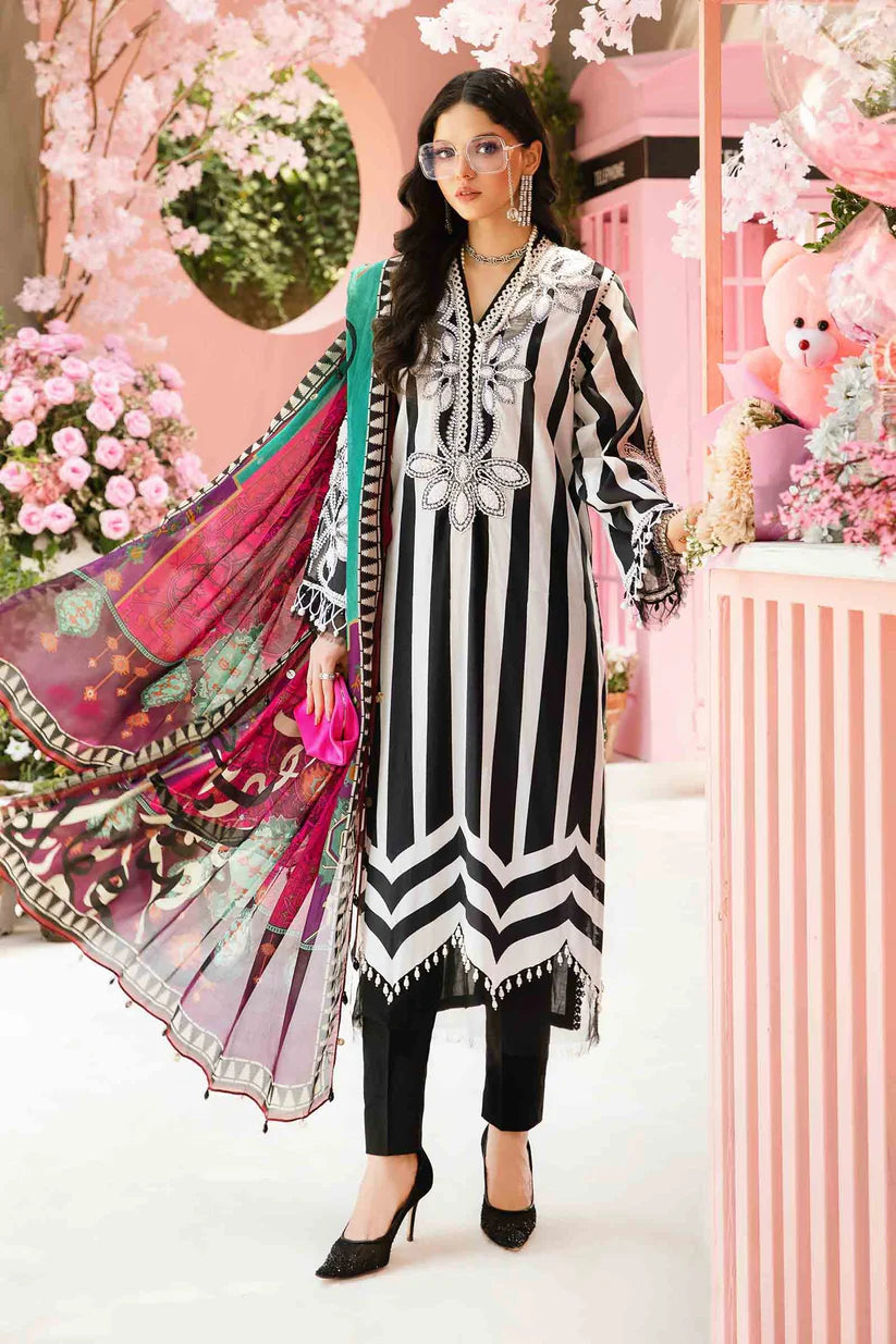 RARE-3PC LAWN EMBROIDERED PRINTED SHIRT WITH CHIFFON PRINT DUPATTA AND PRINT TROUSER-