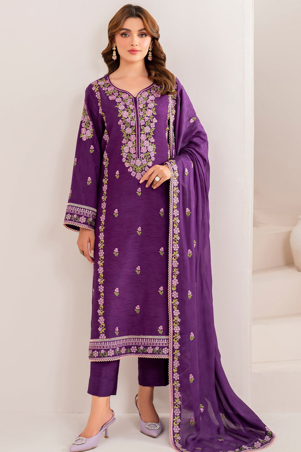 RARE-3PC LAWN EMBROIDERED SHIRT WITH CHIFFON EMBROIDERED DUPATTA AND TROUSER-3613