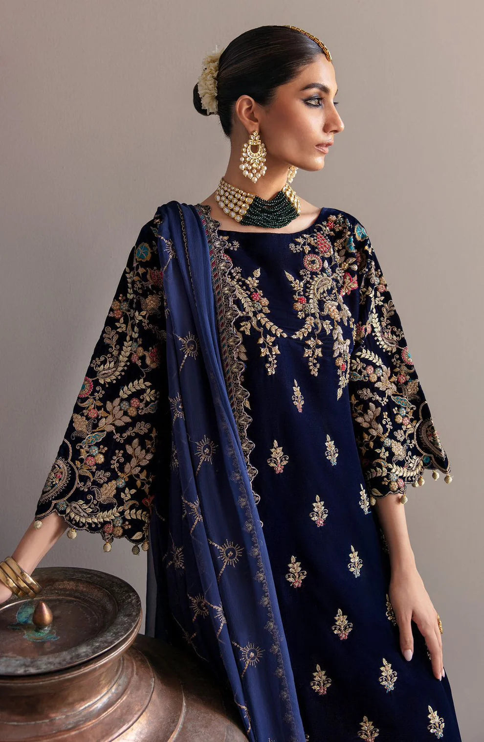RARE-VELVET 3PC-SEQUENCE EMBROIDERED WORK SHIRT WITH CHIFFON HEAVY SEQUANCE EMBROIDERED DUPATTA -D-1- MICRO 9000 VELVET