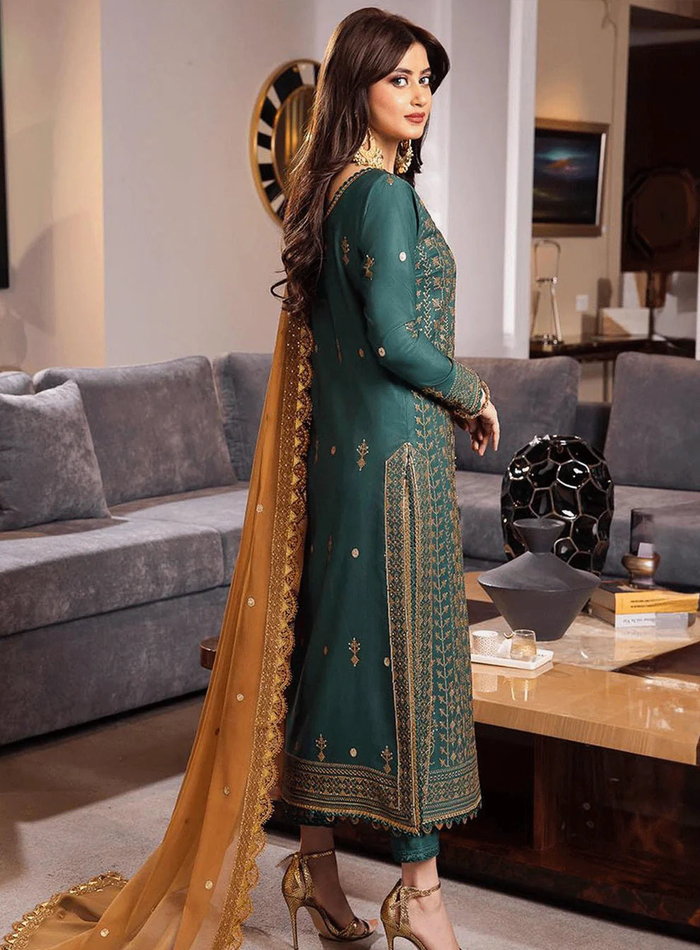 RARE-3PC DHANAK EMBROIDERED WITH BAMBER CHIFFON EMBROIDERED DUPATTA-3147