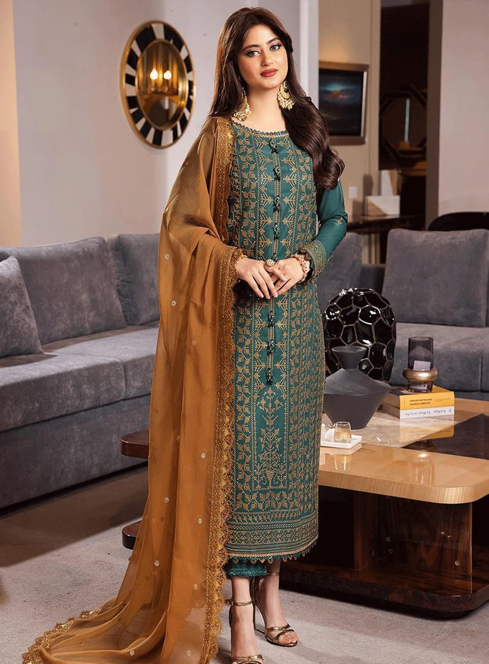 RARE-3PC DHANAK EMBROIDERED WITH BAMBER CHIFFON EMBROIDERED DUPATTA-3147