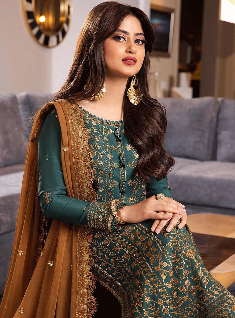 RARE-3PC DHANAK EMBROIDERED WITH BAMBER CHIFFON EMBROIDERED DUPATTA-3147