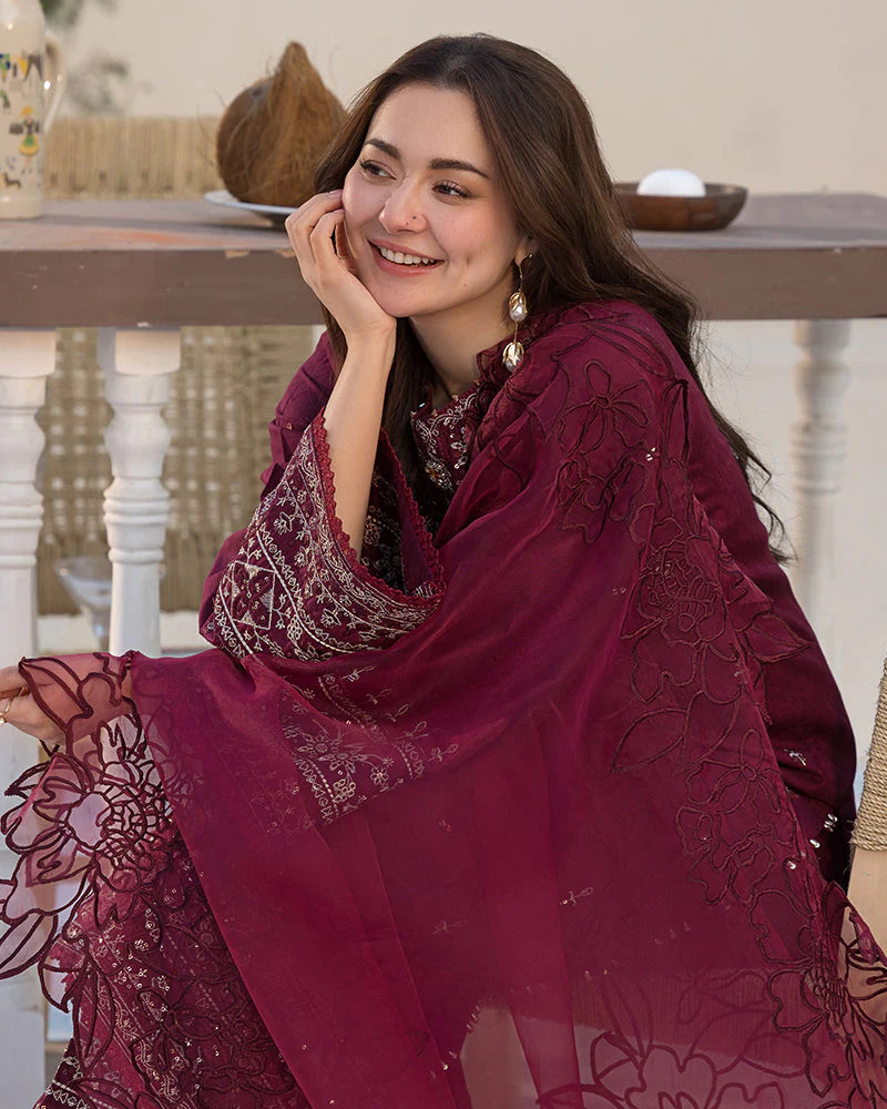 RARE-3PC LAWN EMBROIDERED SHIRT WITH ORGANZA EMBROIDERED DUAPATTA AND TROUSER-3727