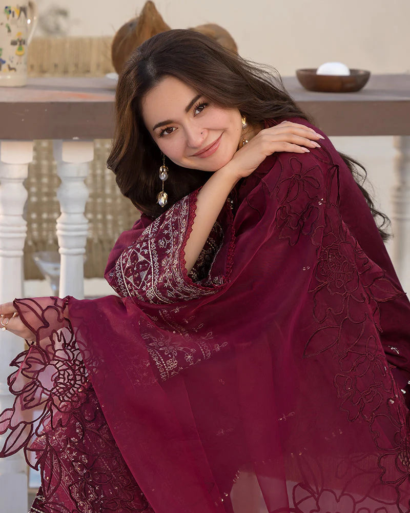 RARE-3PC LAWN EMBROIDERED SHIRT WITH ORGANZA EMBROIDERED DUAPATTA AND TROUSER-3727