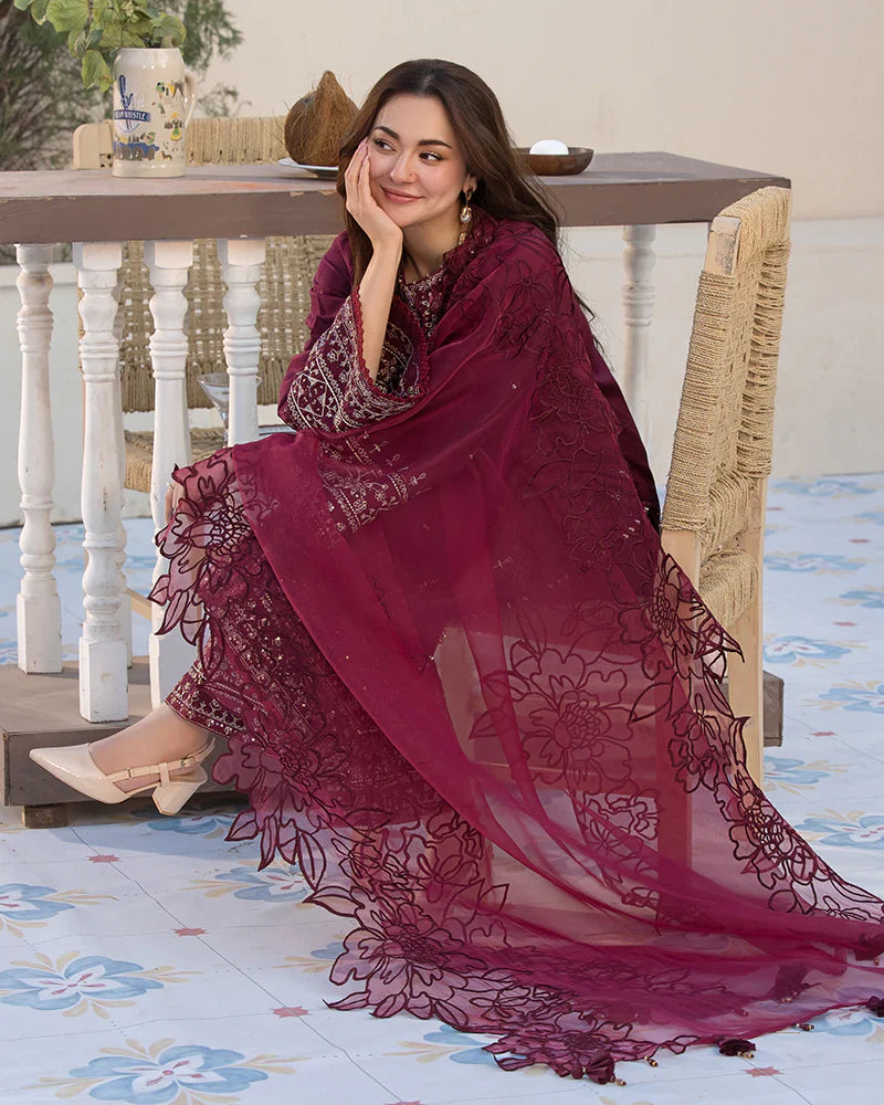 RARE-3PC LAWN EMBROIDERED SHIRT WITH ORGANZA EMBROIDERED DUAPATTA AND TROUSER-3727