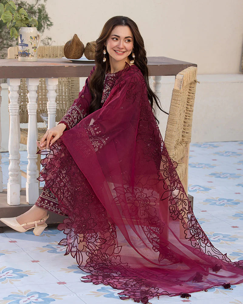 RARE-3PC LAWN EMBROIDERED SHIRT WITH ORGANZA EMBROIDERED DUAPATTA AND TROUSER-3727