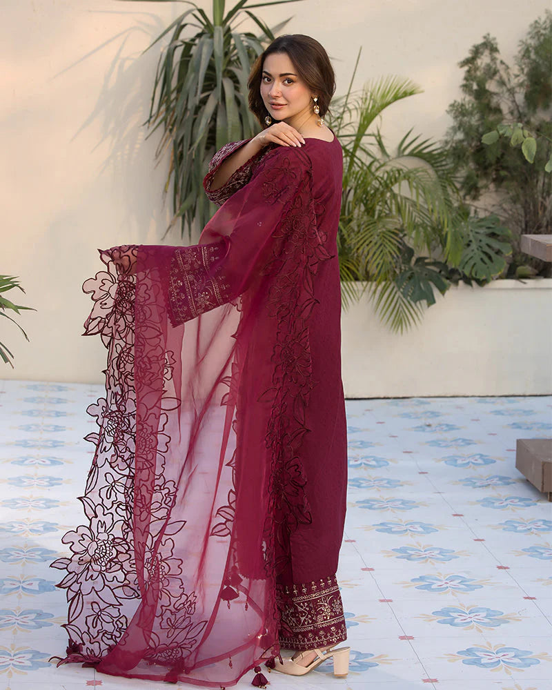 RARE-3PC LAWN EMBROIDERED SHIRT WITH ORGANZA EMBROIDERED DUAPATTA AND TROUSER-3727