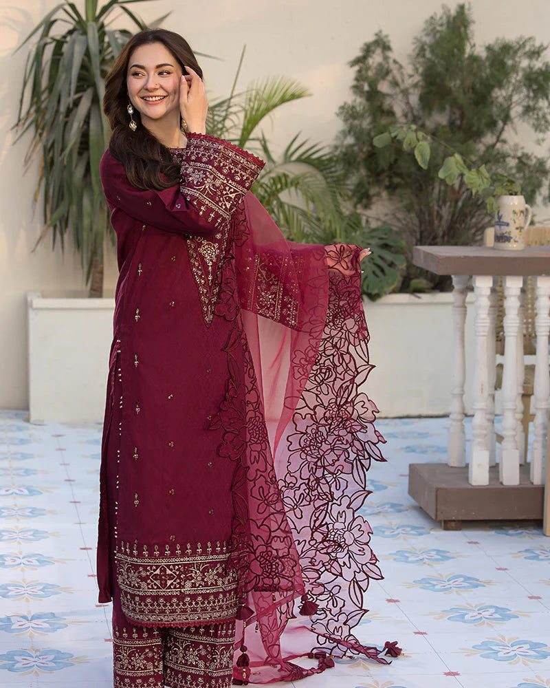 RARE-3PC LAWN EMBROIDERED SHIRT WITH ORGANZA EMBROIDERED DUAPATTA AND TROUSER-3727