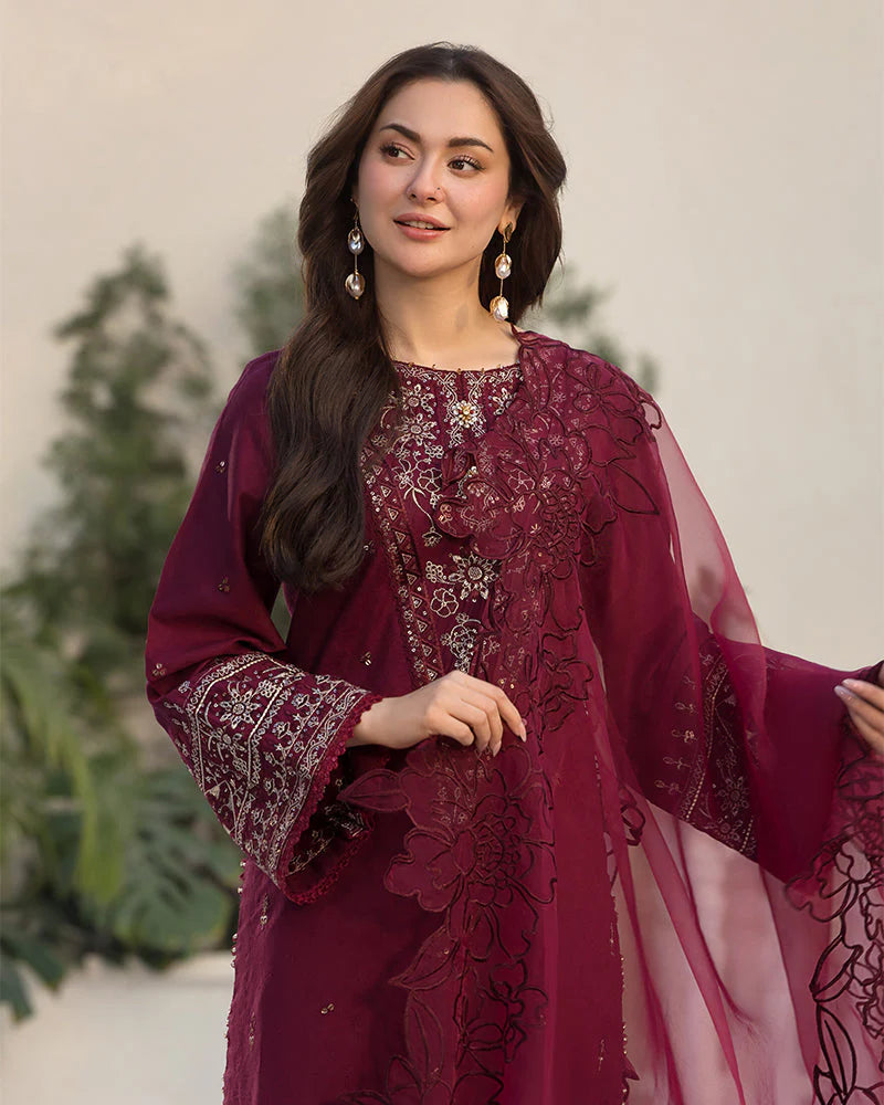 RARE-3PC LAWN EMBROIDERED SHIRT WITH ORGANZA EMBROIDERED DUAPATTA AND TROUSER-3727