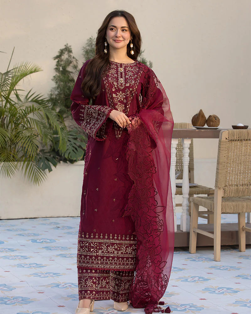 RARE-3PC LAWN EMBROIDERED SHIRT WITH ORGANZA EMBROIDERED DUAPATTA AND TROUSER-3727