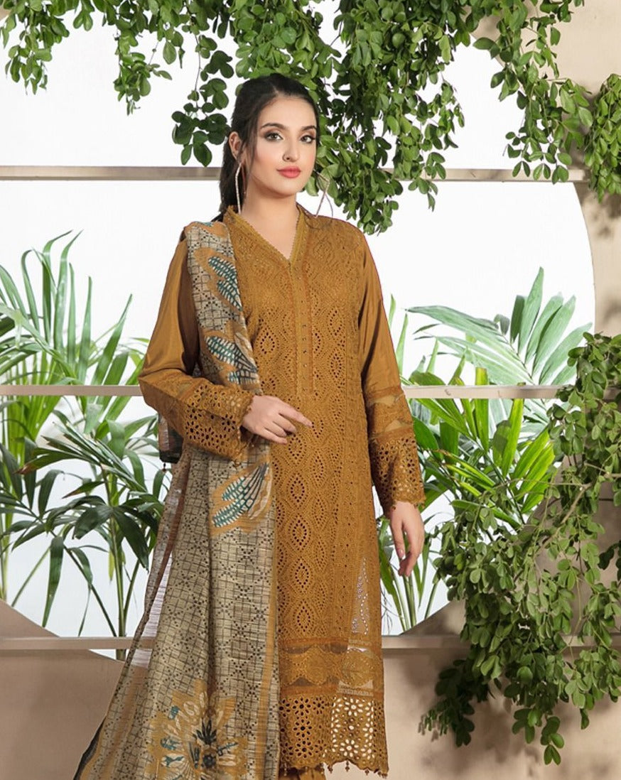 RARE-3PC CHIKENKARI LAWN EMBROIDERED SHIRT WITH MONARK PRINT DUPATTA & TROUSER-ADR-4052 MUSTERD