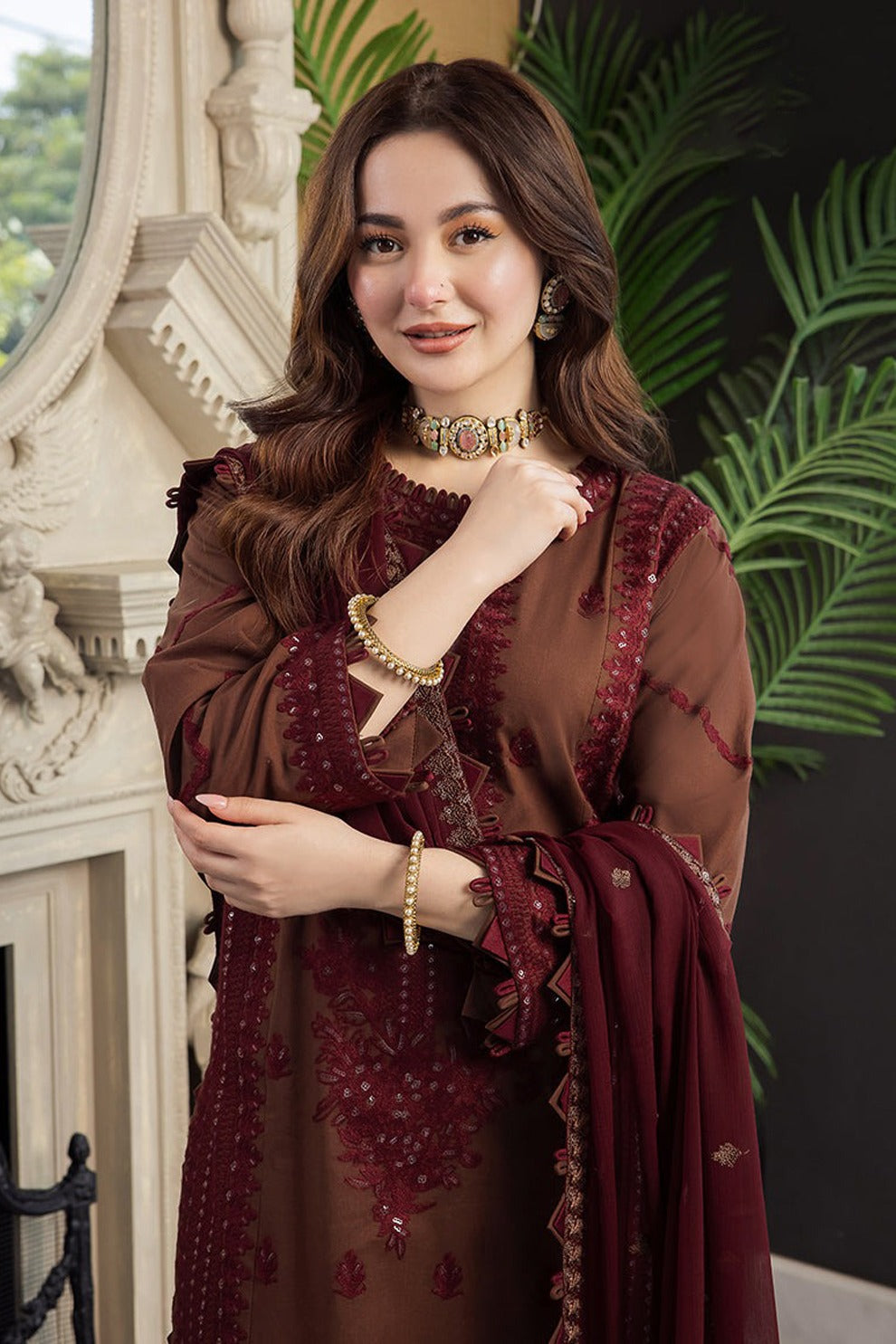 RARE-3PC LAWN EMBROIDERED SHIRT WITH BAMBER CHIFFON EMBROIDERED DUPATTA AND TROUSER-3647