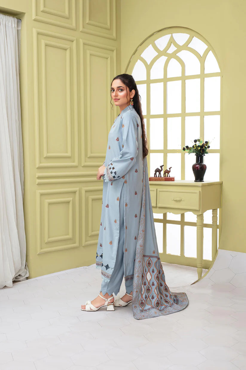 RARE-3PC DHANAK EMBROIDERED SHIRT WITH HEAVY CUTWORK EMBROIDERED DHANAK SHAWL AND TROUSER-1506