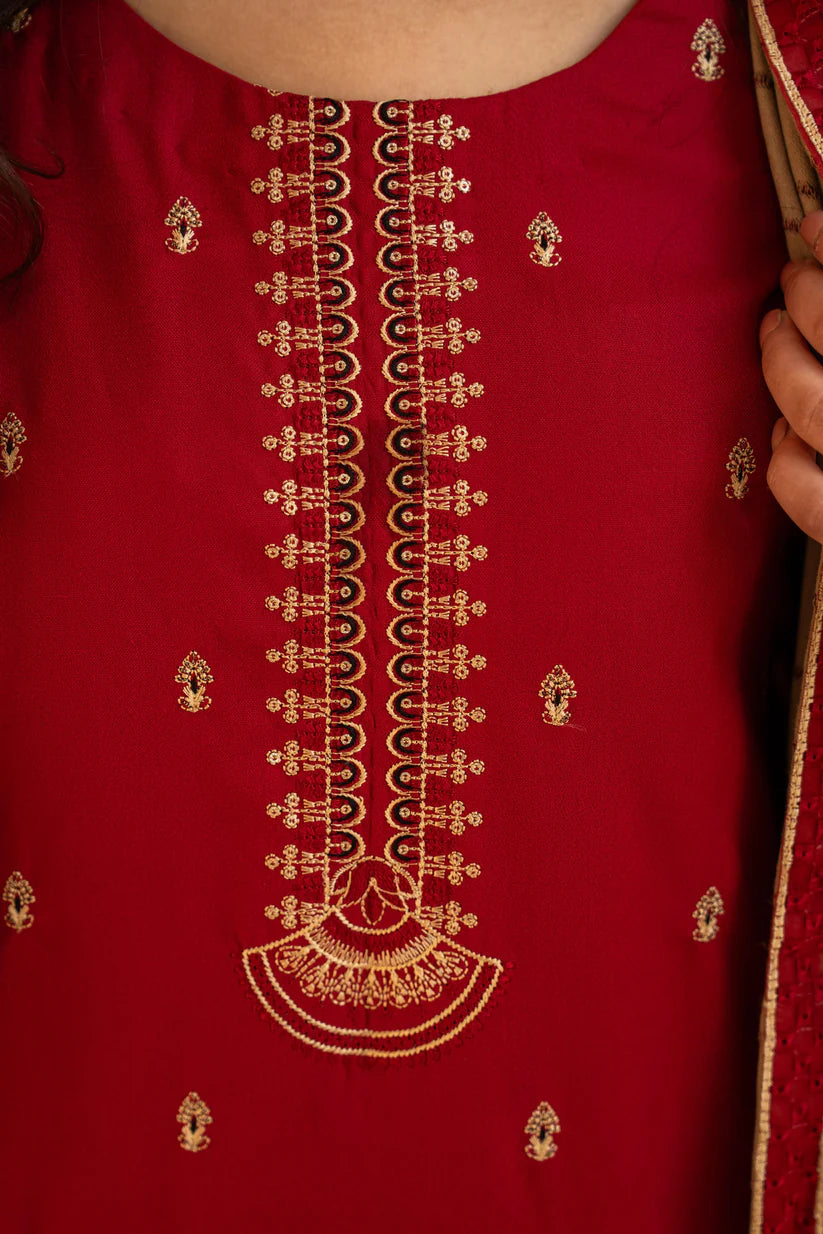 RARE-3PC DHANAK CUTWORK EMBROIDERED SHIRT WITH HEAVY CUTWORK EMBROIDERED JACQUARD WOOL SHAWL -1524