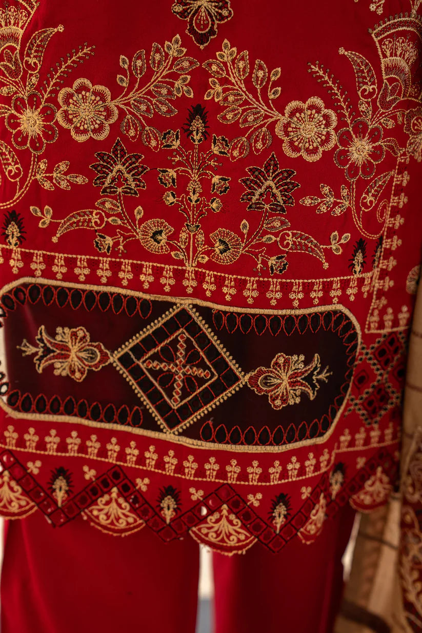 RARE-3PC DHANAK CUTWORK EMBROIDERED SHIRT WITH HEAVY CUTWORK EMBROIDERED JACQUARD WOOL SHAWL -1524