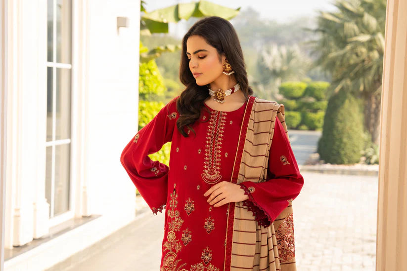 RARE-3PC DHANAK CUTWORK EMBROIDERED SHIRT WITH HEAVY CUTWORK EMBROIDERED JACQUARD WOOL SHAWL -1524