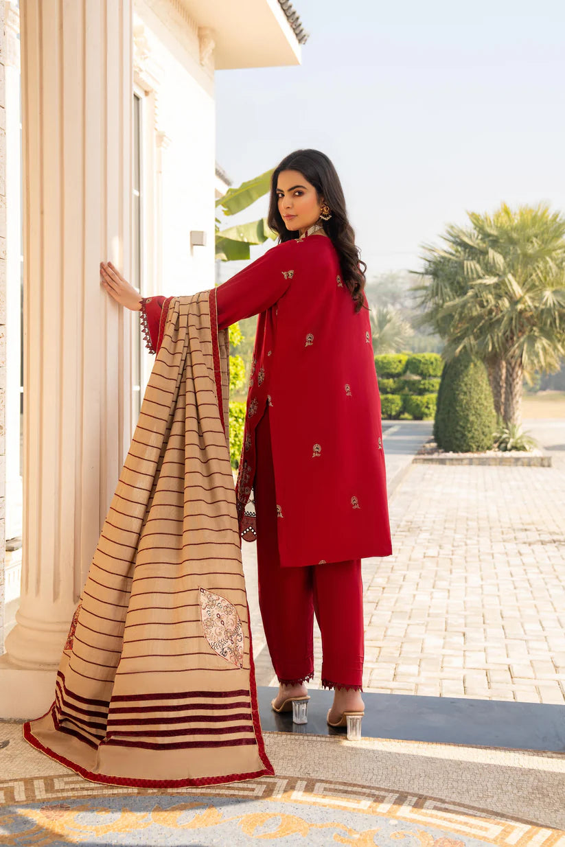 RARE-3PC DHANAK CUTWORK EMBROIDERED SHIRT WITH HEAVY CUTWORK EMBROIDERED JACQUARD WOOL SHAWL -1524