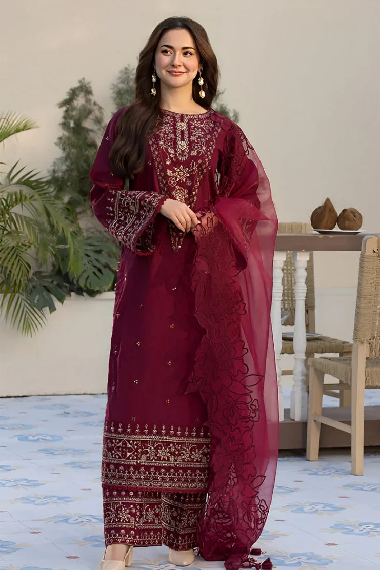 RARE-3PC LAWN EMBROIDERED SHIRT WITH ORGANZA EMBROIDERED DUAPATTA AND TROUSER-3727