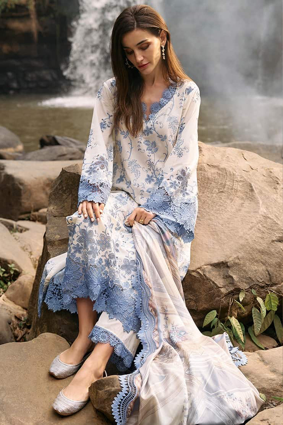 RARE-3PC LAWN EMBROIDERED SHIRT WITH MONARK PRINT DUPATTA & LAWN TROUSER-3597