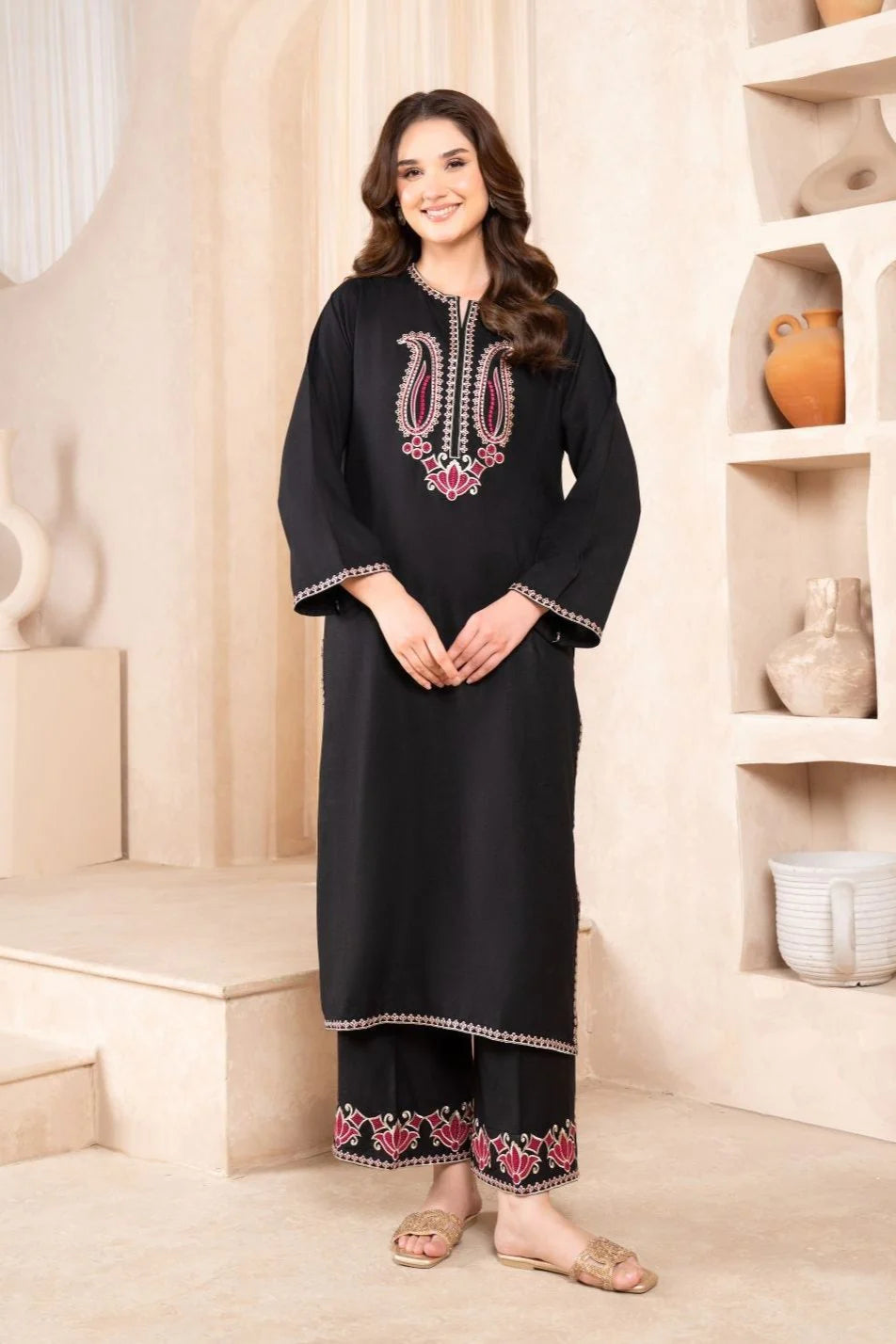 RARE-2 PC DHANAK EMBROIDRED SHIRT WITH AND EMBROIDRED TROUSER-BLACK 3311