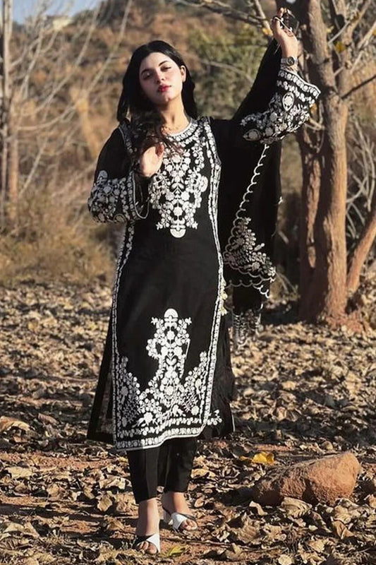 RARE- DHANAK 3PC EMBROIDERED SHIRT WITH DHANAK EMBROIDERED SHAWL WITH TROUSER 3228-B