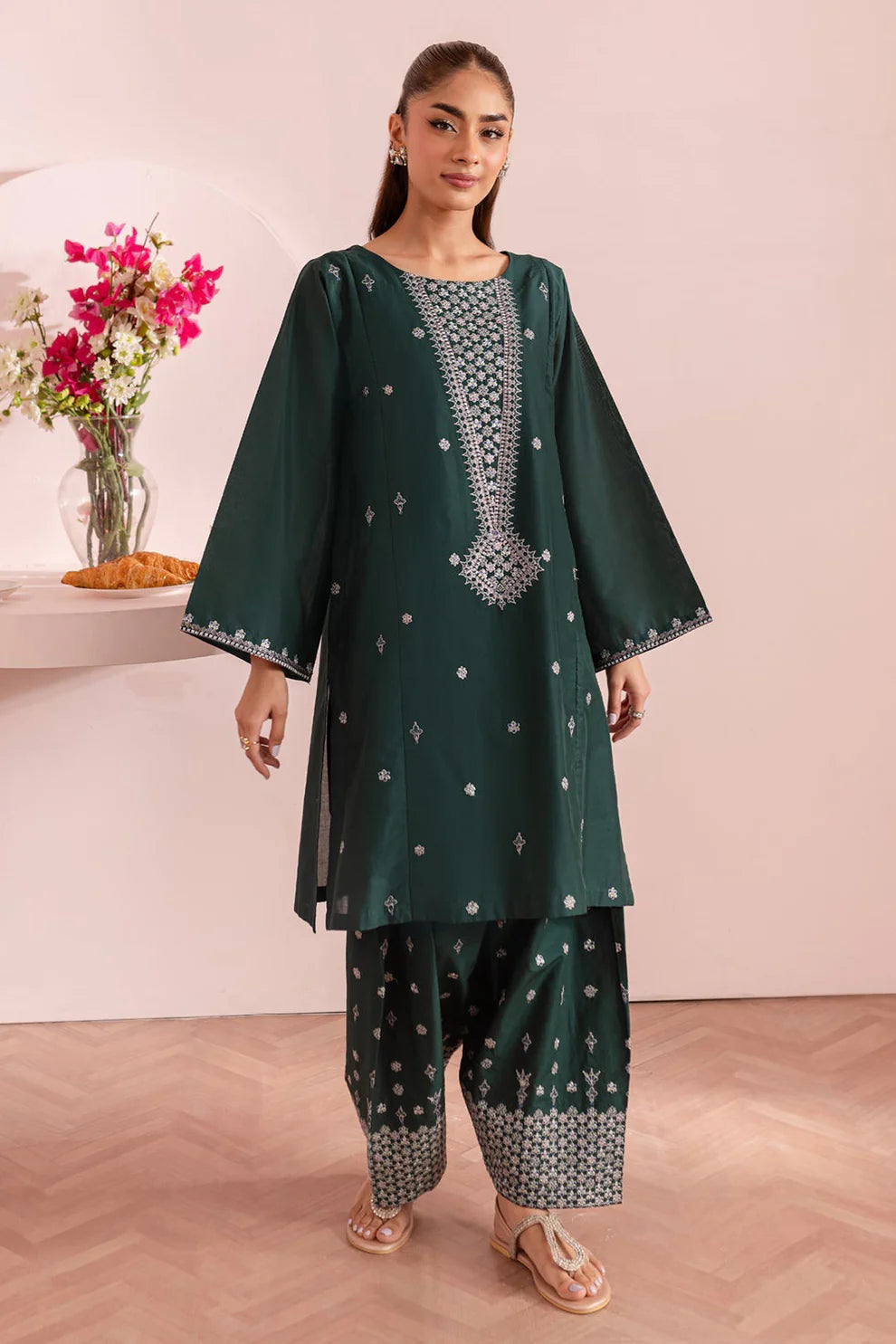 RARE-2 PC DHANAK EMBROIDRED SHIRT WITH AND EMBROIDRED TROUSER-3314