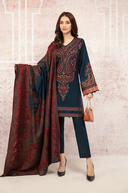 RARE-3PC DHANAK EMBROIDRED SHIRT WITH WOOL PRINT SHAWL AND TROUSER-3268