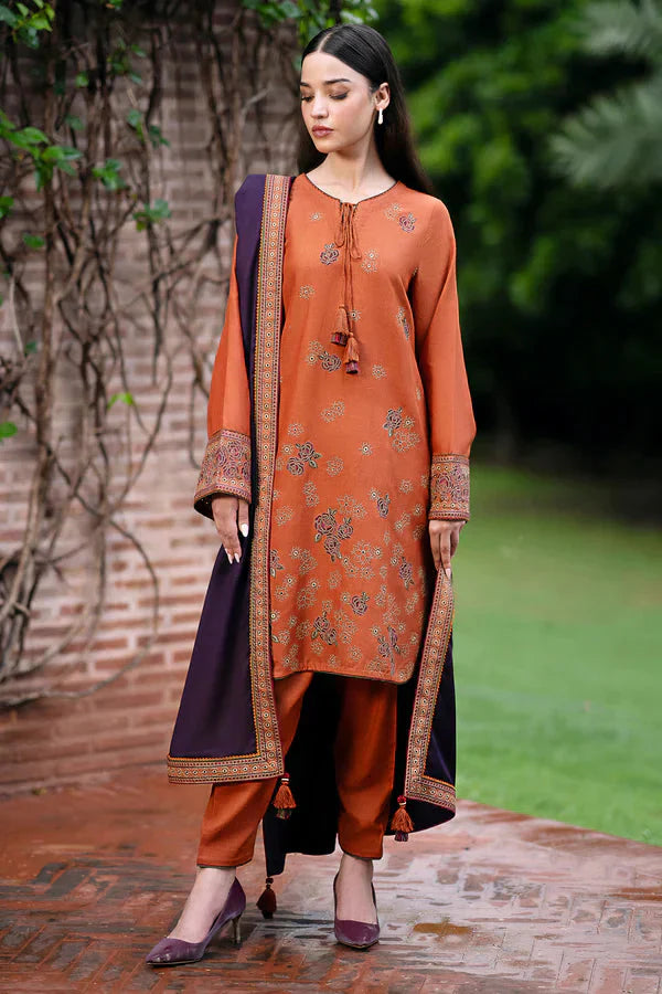 RARE- 3PC DHANAK EMBROIDERED SHIRT WITH WOOL PRINT SHAWL AND TROUSER-3293