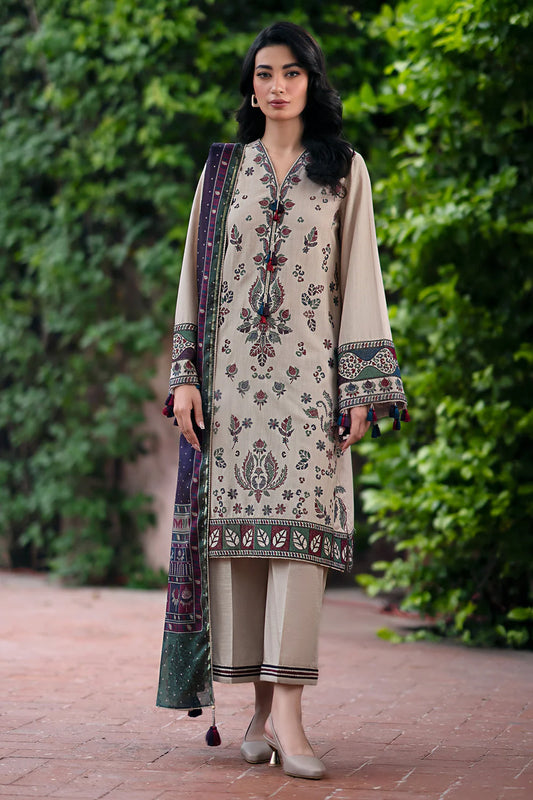 RARE-3PC DHANAK EMBROIDRED SHIRT WITH WOOL PRINT SHAWL AND TROUSER-3315