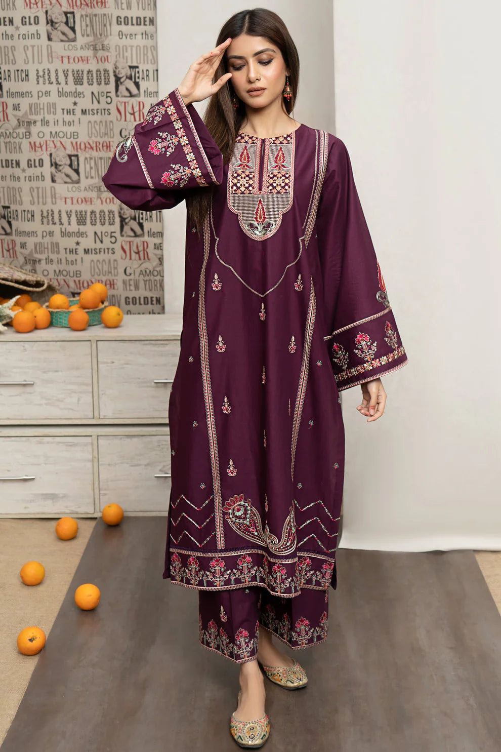 RARE- 3PC DHANAK EMBROIDERED SHIRT WITH COUTURE PRINT SHAWL AND EMB TROUSER-3216