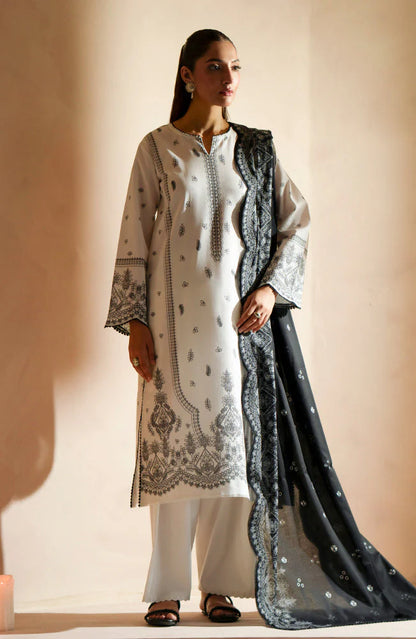 RARE - 3PC DHANAK EMBROIDERED SHIRT WITH DHA COUTURE WOOL PRINT SHAWL AND TROUSER-3163