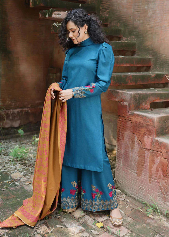 RARE - 3PC DHANAK EMBROIDERED SHIRT WITH WOOL PRINTED SHAWL AND TROUSER-3246