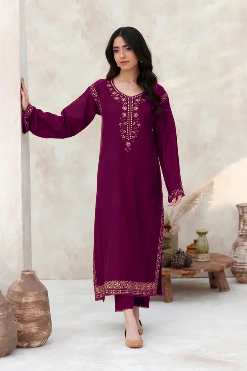 RARE 2PC DHANAK EMBROIDERED SHIRT WITH DHANAK EMBROIDERED SLEEVES-3417 PLUM