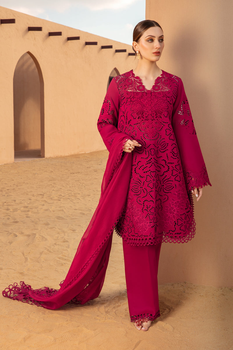 RARE-CHIKAN KARI 3PC EMBROIDERED LAWN SHIRT WITH ORGANZA EMBROIDERED DUPATTA AND TROUSER-2885