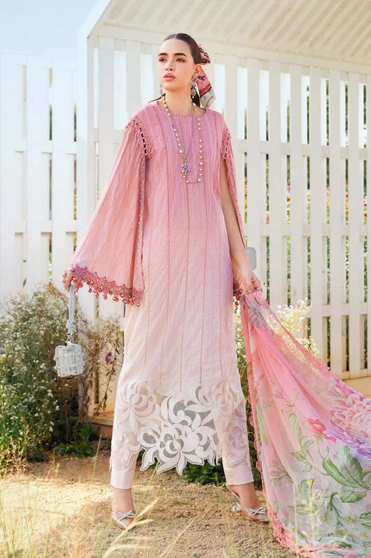 RARE-3PC LAWN PRINTED EMB SHIRT WITH CHIFFON PRINT DUPATTA AND PRINT TROUSER-2512