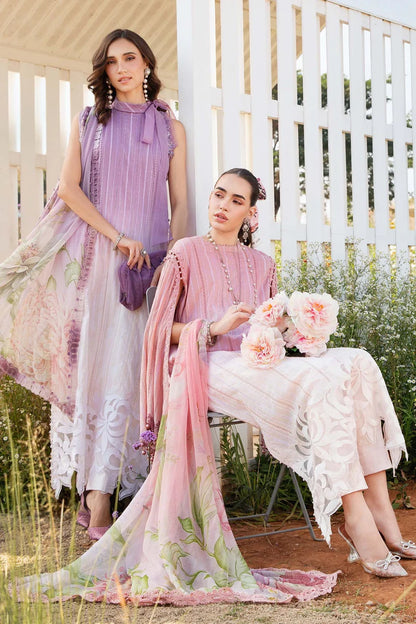 RARE-3PC LAWN PRINTED EMB SHIRT WITH CHIFFON PRINT DUPATTA AND TROUSER-2511(DELIVERY AFTER 15 DAYS)