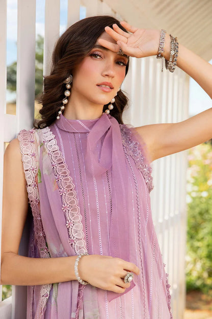 RARE-3PC LAWN PRINTED EMB SHIRT WITH CHIFFON PRINT DUPATTA AND TROUSER-2511(DELIVERY AFTER 15 DAYS)