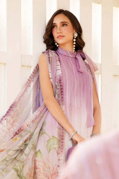 RARE-3PC LAWN PRINTED EMB SHIRT WITH CHIFFON PRINT DUPATTA AND TROUSER-2511(DELIVERY AFTER 15 DAYS)