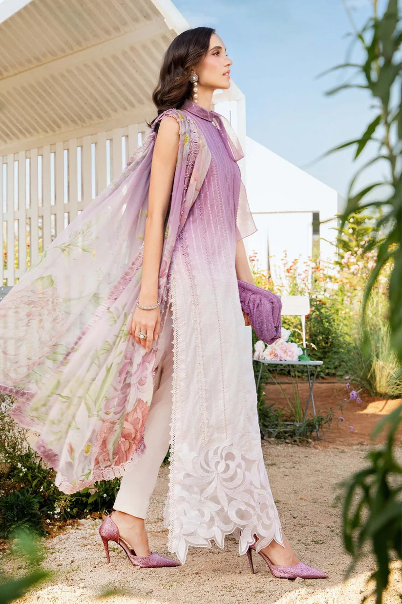 RARE-3PC LAWN PRINTED EMB SHIRT WITH CHIFFON PRINT DUPATTA AND TROUSER-2511(DELIVERY AFTER 15 DAYS)