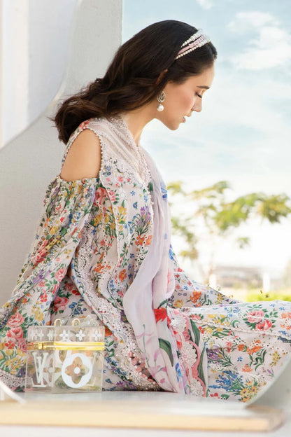 RARE-3PC LAWN PRINTED EMB SHIRT WITH CHIFFON PRINT DUPATTA AND PRINT TROUSER-2505 (DELIVERY AFTER 15 DAYS)
