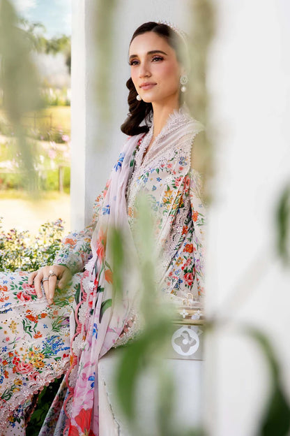 RARE-3PC LAWN PRINTED EMB SHIRT WITH CHIFFON PRINT DUPATTA AND PRINT TROUSER-2505 (DELIVERY AFTER 15 DAYS)