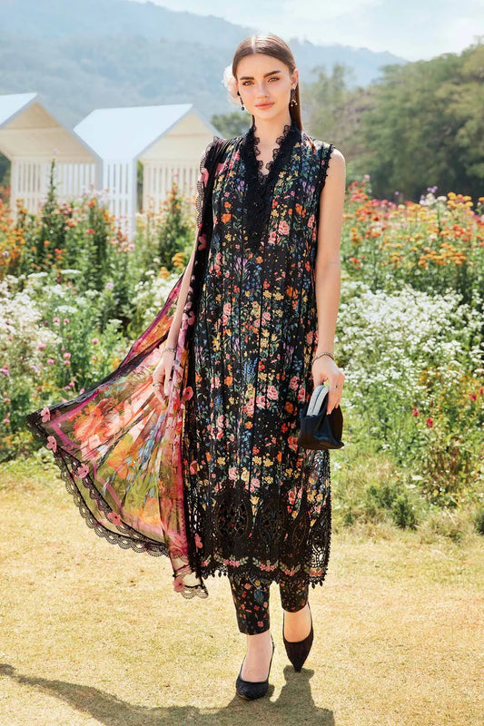 RARE-3PC LAWN PRINTED EMB SHIRT WITH CHIFFON PRINT DUPATTA AND PRINT TROUSER-2504