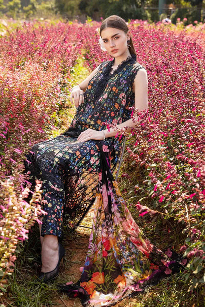 RARE-3PC LAWN PRINTED EMB SHIRT WITH CHIFFON PRINT DUPATTA AND PRINT TROUSER-2504