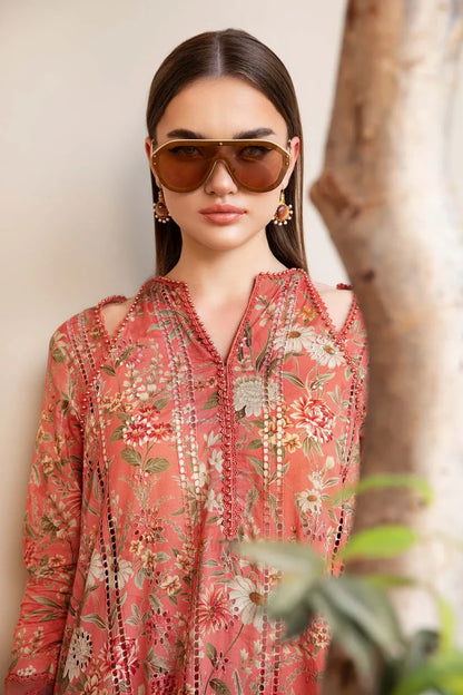 RARE-3PC LAWN PRINTED EMB SHIRT WITH CHIFFON PRINT DUPATTA AND PRINT TROUSER-2505 (DELIVERY AFTER 15 DAYS)