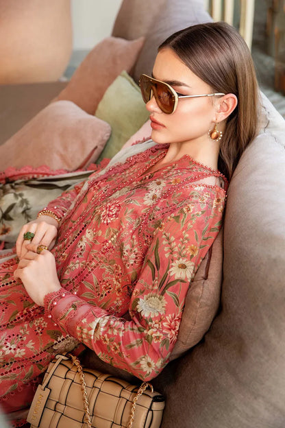 RARE-3PC LAWN PRINTED EMB SHIRT WITH CHIFFON PRINT DUPATTA AND PRINT TROUSER-2505 (DELIVERY AFTER 15 DAYS)