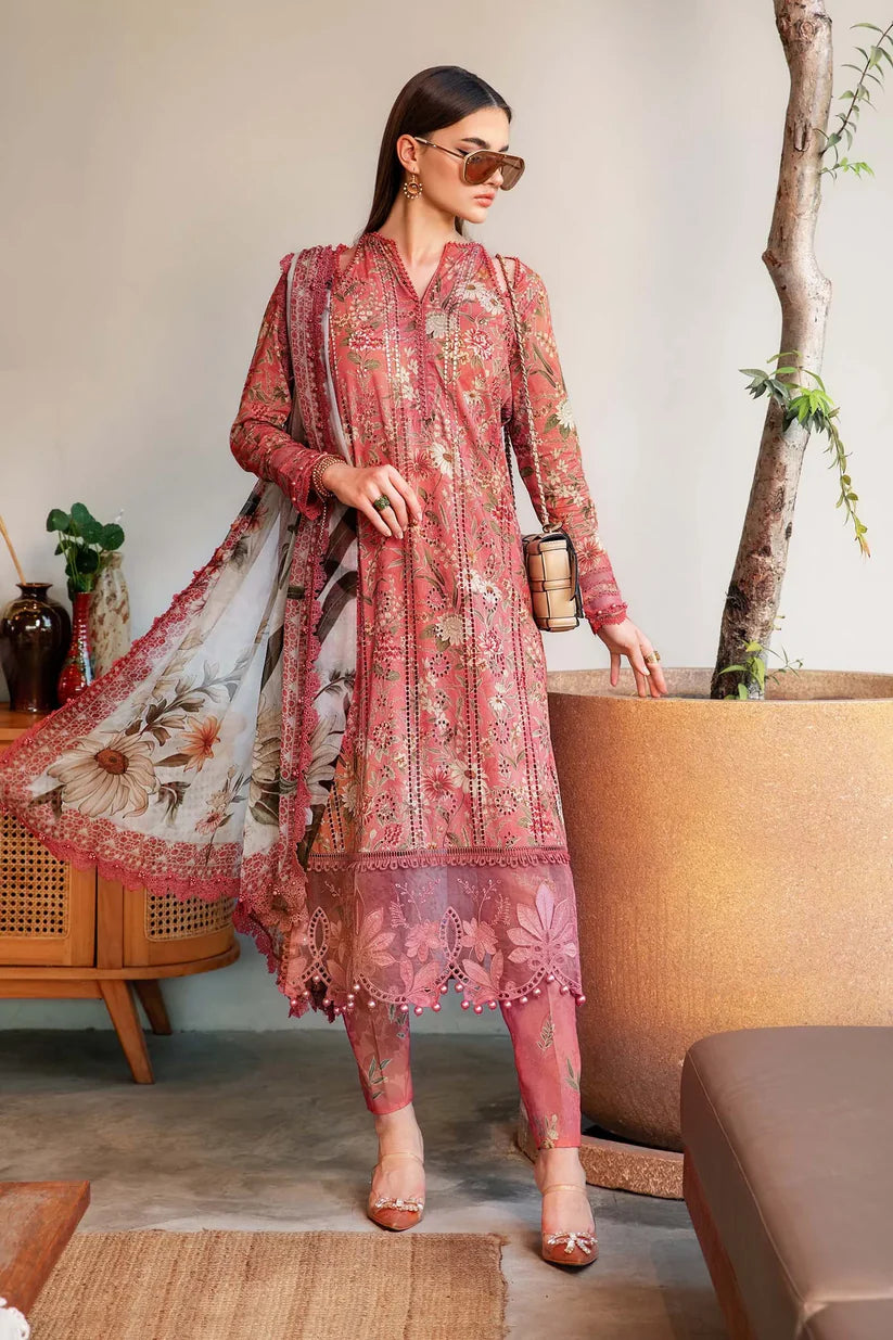 RARE-3PC LAWN PRINTED EMB SHIRT WITH CHIFFON PRINT DUPATTA AND PRINT TROUSER-2505 (DELIVERY AFTER 15 DAYS)