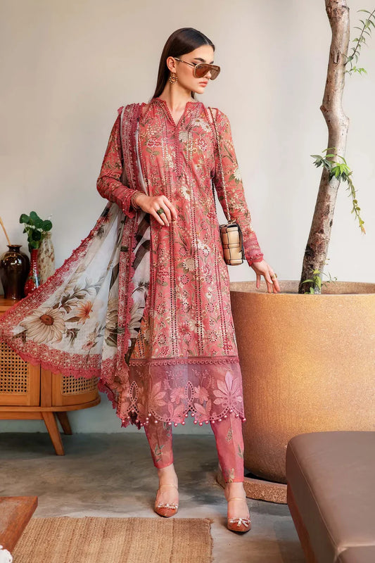 RARE-3PC LAWN PRINTED EMB SHIRT WITH CHIFFON PRINT DUPATTA AND PRINT TROUSER-2505 (DELIVERY AFTER 15 DAYS)