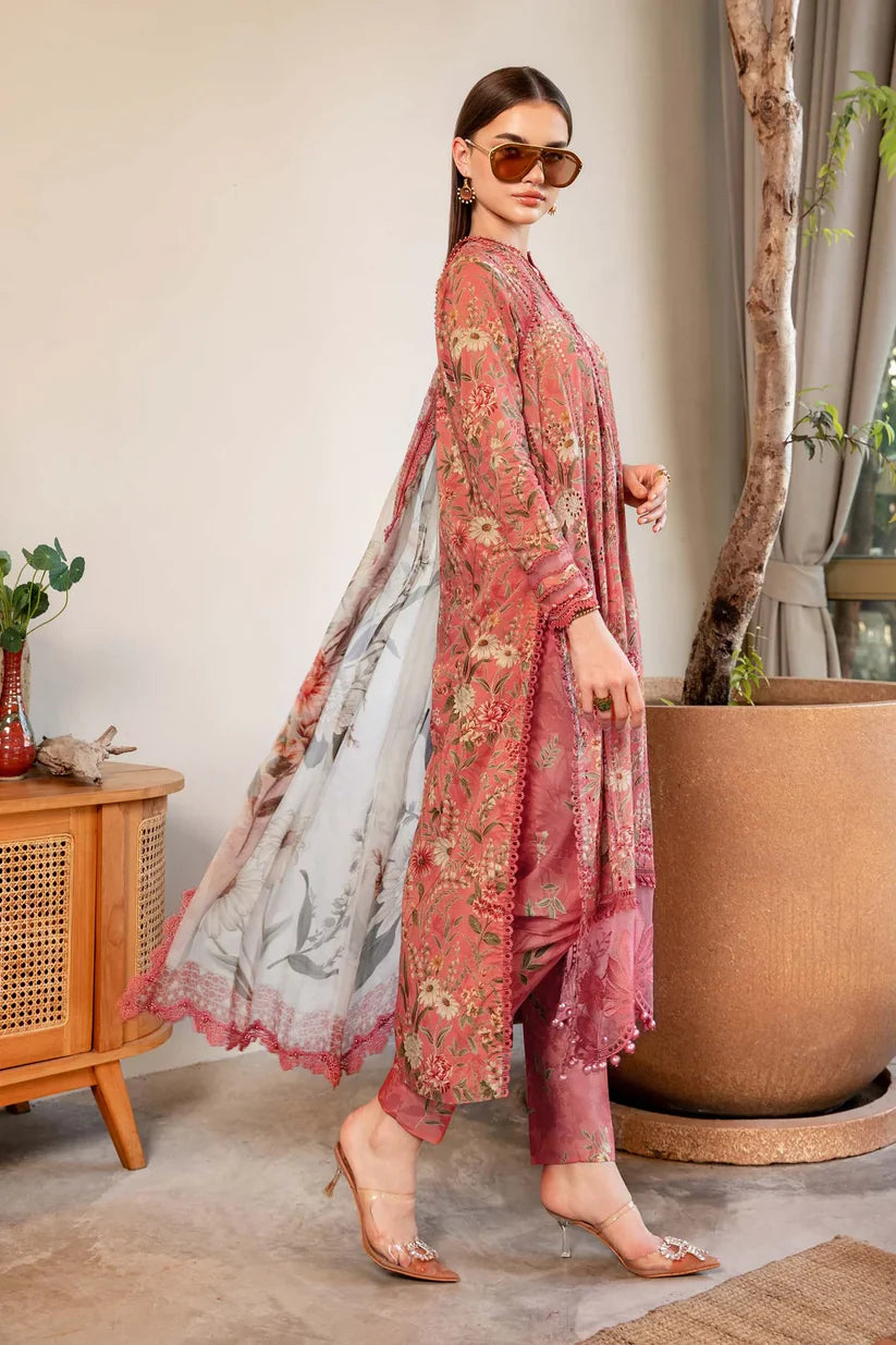 RARE-3PC LAWN PRINTED EMB SHIRT WITH CHIFFON PRINT DUPATTA AND PRINT TROUSER-2505 (DELIVERY AFTER 15 DAYS)